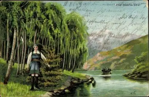 Litho Norwegen, Frau in Volkstracht