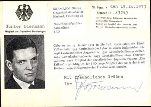 Ak Politiker Günter Biermann, Portrait, Autogramm