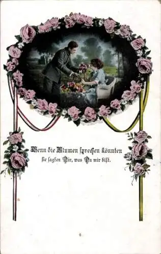 Ak Liebespaar, Soldat in Uniform, Geschenk, Blumen