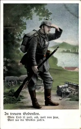 Ak Deutscher Soldat in Uniform, In treuem Gedenken, Mein Leib ist weit, ach, weit von hier...