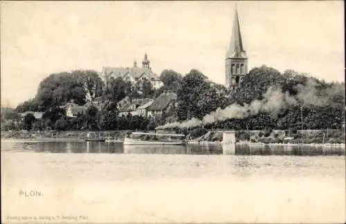 Ak Plön in Holstein, Teilansicht vom Ort, Kirchturm, Dampfer