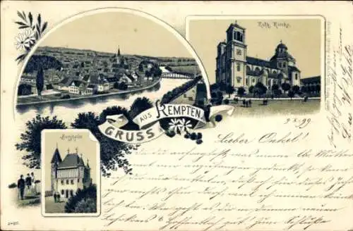 Litho Kempten im Allgäu Schwaben, Panorama, Kath. Kirche, Burghalde