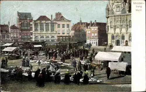 Ak Middelburg Zeeland Niederlande, Blick auf den Marktplatz, Marktstände