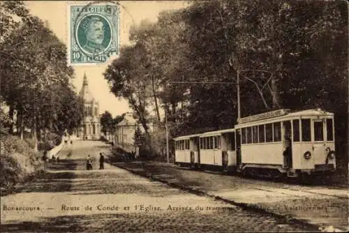 Ak Bon Secours Bonsecours Péruwelz Hennegau, Route de Conde, Straßenbahn, Kirche