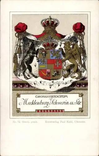 Wappen Litho Großherzogtum Mecklenburg Schwerin und Strelitz, Paul Kohl Chemnitz No. 12