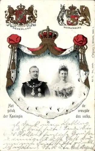 Ak Königin Wilhelmina der Niederlande, Prinz Hendrik, Heinrich zu Mecklenburg, Portrait, Wappen