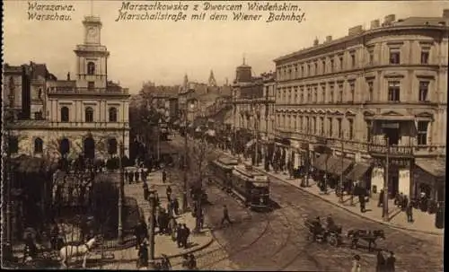 Ak Warszawa Warschau Polen, Marschallstraße, Wiener Bahnhof, Straßenbahn-Linie 3