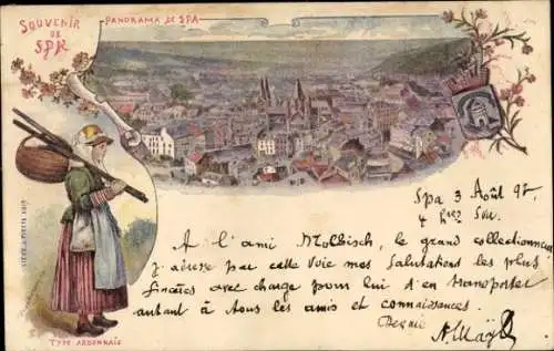 Künstler Litho Spa Wallonien Lüttich, Panorama, Frau in Volkstracht