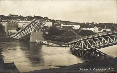 Ak Hrodna Grodno Weißrussland, Zerstörte Brücke, September 1915