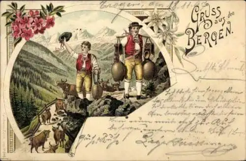 Litho Schweizerische Bergen, Menschen in Volkstracht, Kühe