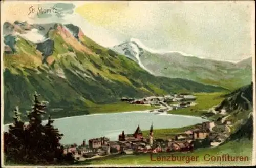 Litho Sankt Moritz Kanton Graubünden, Gesamtansicht, Werbung, Lenzburger Confituren