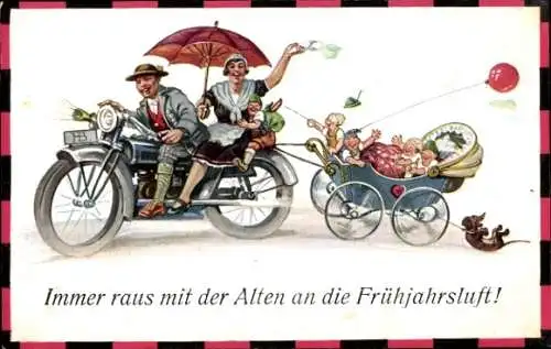 Ak Ehepaar macht einen Ausflug, Motorrad, Puppenwaggen