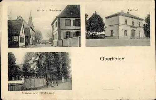 Ak Oberhoffen Oberhofen Elsass Bas Rhin, Kirche, Schule, Bahnhof, Mädchenheim Dreilinden