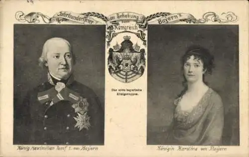 Wappen Ak König Maximilian Josef I. von Bayern, Königin Karoline von Bayern, Portraits