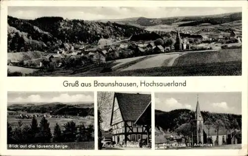 Ak Braunshausen Hallenberg im Sauerland, Gesamtansicht, Tausend Berge, Pfarrkirche Sankt-Antonius