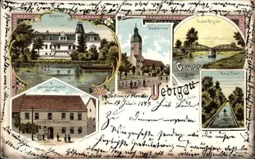 Litho Uebigau Landkreis Elbe Elster, Schloss, Stadtkirche, Anna-Canal, Gasthof, Post