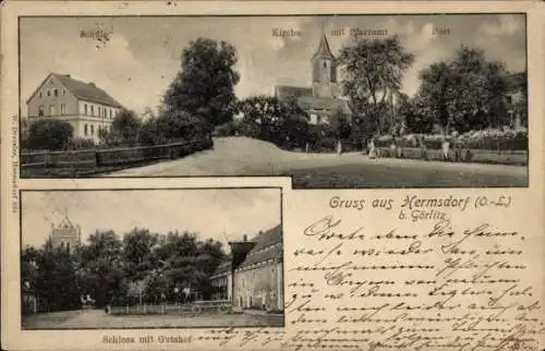 Ak Jerzmanki Hermsdorf b. Görlitz O.L. Schlesien, Schule, Kirche, Pfarramt, Post, Schloss, Gutshof