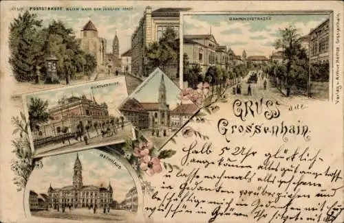 Litho Großenhain in Sachsen, Poststraße, Rathaus, Postgebäude, Bahnhofstraße, Stadthauptkirche