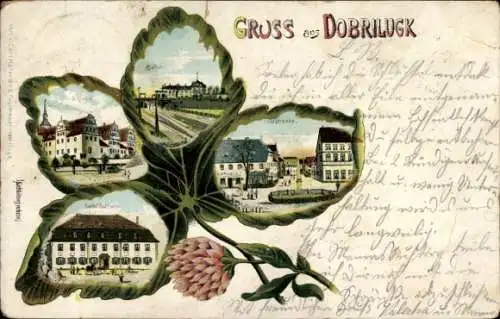 Litho Dobrilugk Doberlug Kirchhain in Brandenburg, Schloss, Bahnhof, Poststraße, Gasthof