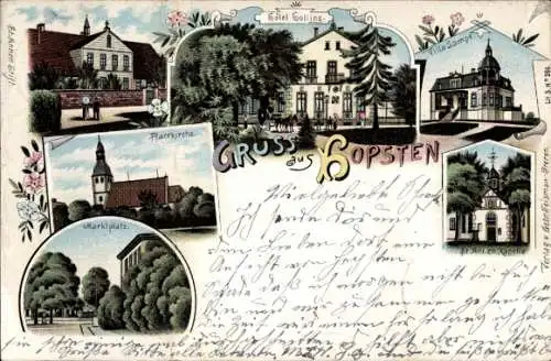 Litho Hopsten in Westfalen, Villa Lampe, Villa Siering, Pfarrkirche, Kapelle, Marktplatz, Hotel