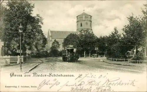 Ak Berlin Pankow Niederschönhausen, Kirche, Pferdebahn