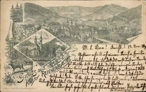 Litho Klosterreichenbach Baiersbronn im Schwarzwald, Gesamtansicht, Hirsch, Kirche