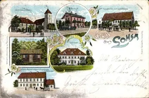 Ak Lohsa in der Oberlausitz, Kirche, Schule, Blockhaus, Schloss, Bahnhof, Gasthof zum weißen Ross