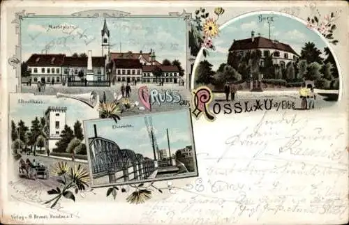 Litho Roßlau an der Elbe Anhalt, Marktplatz, Elbzollhaus, Elbbrücke, Burg