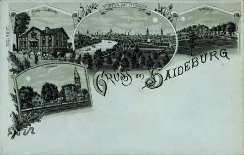 Mondschein Litho Dessau in Sachsen Anhalt, Gasthaus Haideburg, Oberförsterei, Spielplatz