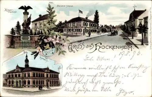 Litho Hockenheim in Baden, Kriegerdenkmal, Bahnhofstraße, Rathaus