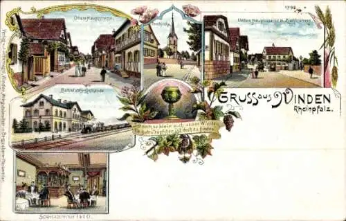 Litho Winden Pfalz, Bahnhof, Obere und untere Hauptstraße, Kirche