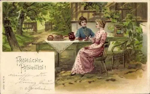 Litho Glückwunsch Pfingsten, Zwei Frauen am Tisch, Tee, Kuchen, Garten