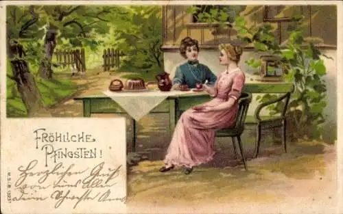 Präge Litho Glückwunsch Pfingsten, Zwei Frauen am Tisch, Tee, Kuchen, Garten