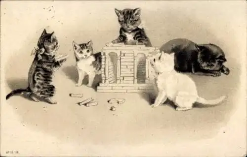 Litho Katzen bauen ein Schloss