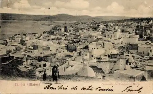 Ak Tanger Marokko, Stadtpanorama, Dächer, Passanten, Meer