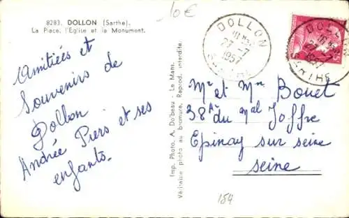 Ak Dollon Sarthe, Platz, Kirche, Denkmal