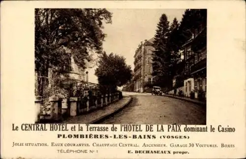 Ak Plombières les Bains Lothringen Vosges, Le Central Hotel, Terrasse de l'Hotel de la Paix, Casino