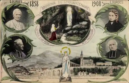 Ak Lourdes Hautes Pyrénées, Souvenir du Cinquantenaire, Pie II, Bernadette, M. Peyeamale