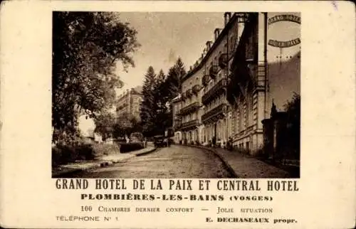 Ak Plombières les Bains Lothringen Vosges, Grand Hotel de la Paix et Central Hotel