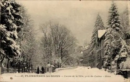 Ak Plombières les Bains Lothringen Vosges, Entree de la Ville, pres du Casino, Schnee