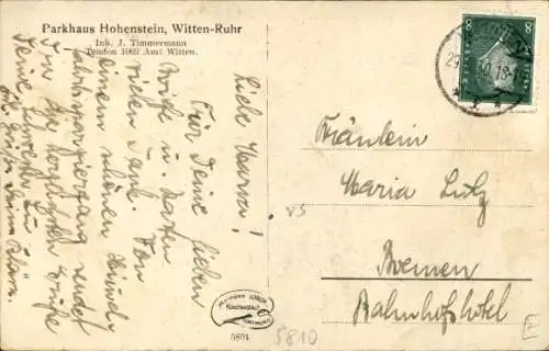 Ak Hohenstein Witten an der Ruhr, Parkhaus Hohenstein, Fliegeraufnahme