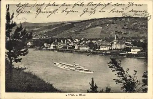 Ak Unkel am Rhein, Gesamtansicht, Dampfschiff, Kirche