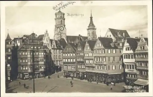 Ak Stuttgart in Württemberg, Marktplatz, Geschäfte, Kirchturm