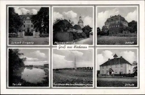 Ak Wiederau in Sachsen, Schlosseingang, Pfarre, Kirche, Schloss, Teiche, Funkturm Großsender Leipzig