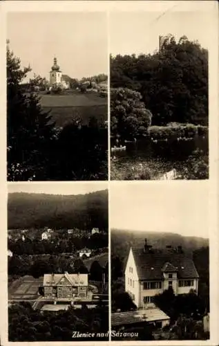 Ak Zlenice nad Sázavou Mittelböhmen, Teilansichten, Kirche, Burg