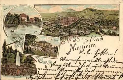 Litho Bad Nauheim in Hessen, Panorama, Teichhaus, Kurhaus, Sprudel