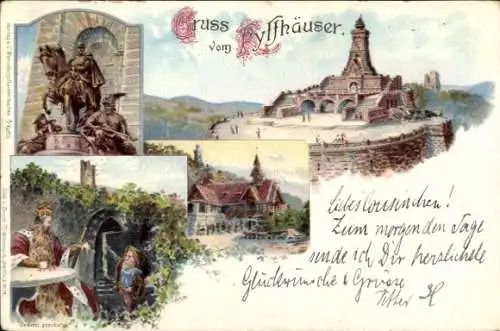 Litho Steinthaleben Kyffhäuserland in Thüringen, Kyffhäuser, Kaiser Wilhelm Denkmal, Barbarossa