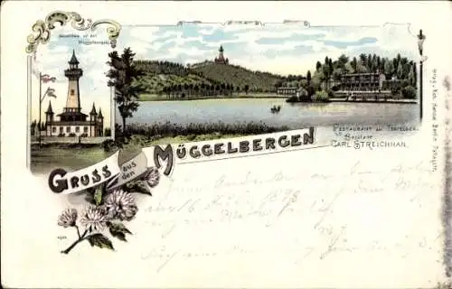 Litho Berlin Köpenick, Müggelberge, Aussichtsturm, Restaurant am Teufelsee