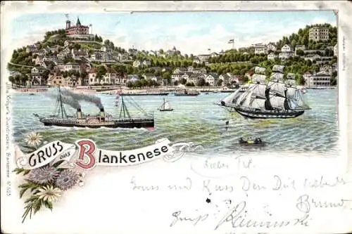 Litho Hamburg Altona Blankenese, Gesamtansicht, Süllberg, Segelschiff, Dampfer