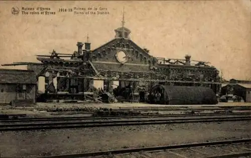 Ak Ypres Ypern Westflandern, Ruinen der Bahnstation